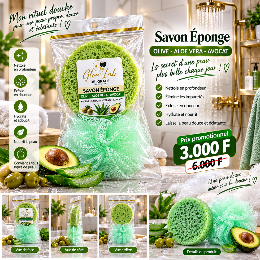 Savon Éponge Olive-Avocat-Aloe Vera